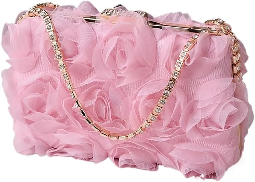 Chiffon Floral Clutch Purse Elegant Flower Evening Bag with Removal Chain Bridal Bridesmaid Shoulder Bag for Women