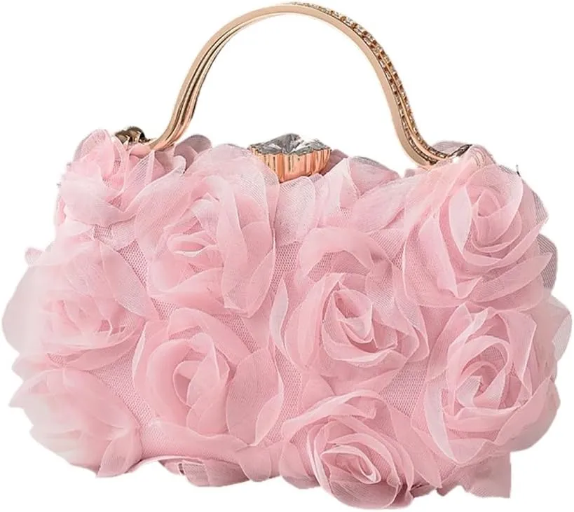 Chiffon Floral Clutch Purse Elegant Flower Evening Bag with Removal Chain Bridal Bridesmaid Shoulder Bag for Women