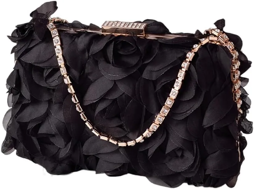 Chiffon Floral Clutch Purse Elegant Flower Evening Bag with Removal Chain Bridal Bridesmaid Shoulder Bag for Women