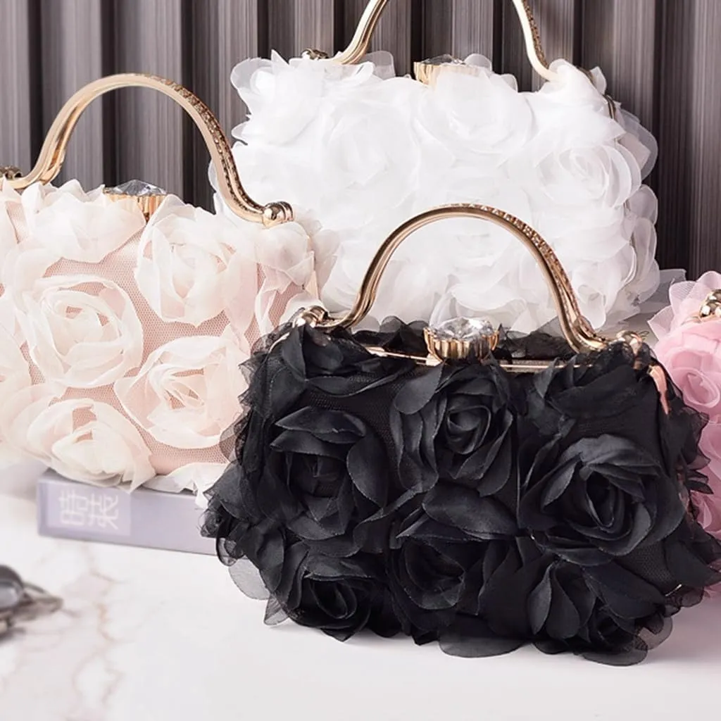 Chiffon Floral Clutch Purse Elegant Flower Evening Bag with Removal Chain Bridal Bridesmaid Shoulder Bag for Women