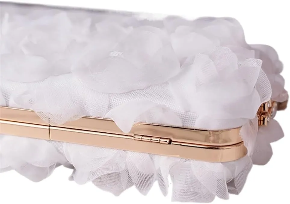 Chiffon Floral Clutch Purse Elegant Flower Evening Bag with Removal Chain Bridal Bridesmaid Shoulder Bag for Women