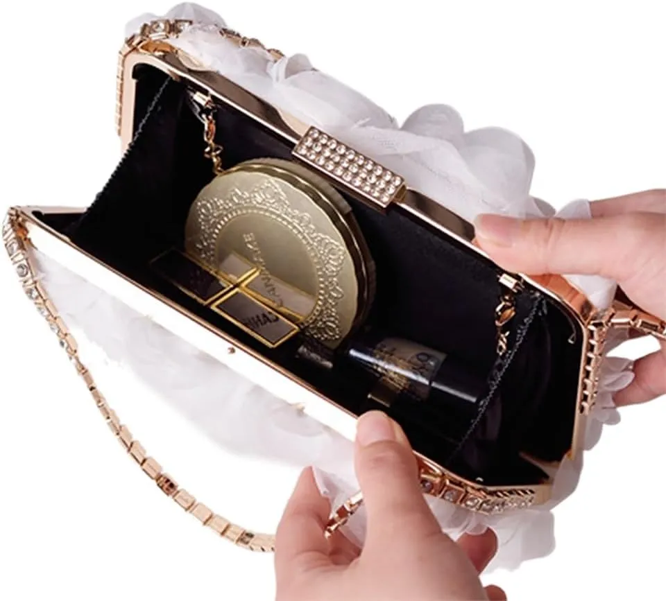 Chiffon Floral Clutch Purse Elegant Flower Evening Bag with Removal Chain Bridal Bridesmaid Shoulder Bag for Women