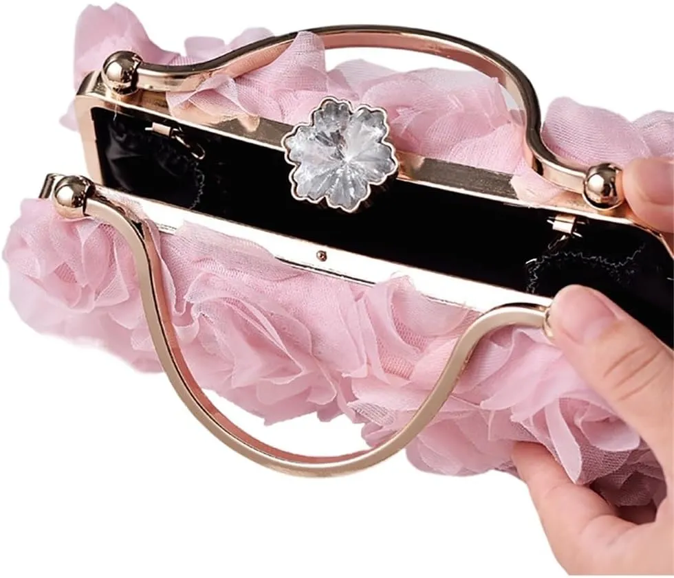 Chiffon Floral Clutch Purse Elegant Flower Evening Bag with Removal Chain Bridal Bridesmaid Shoulder Bag for Women