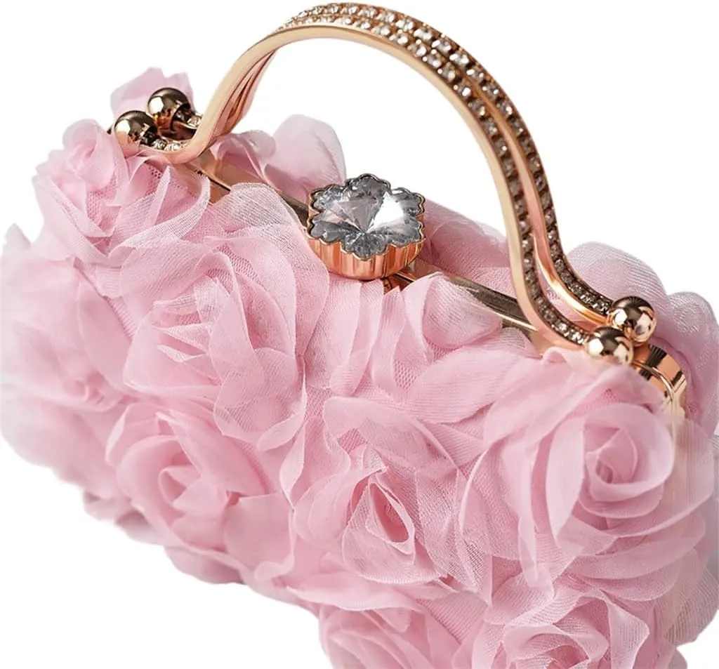Chiffon Floral Clutch Purse Elegant Flower Evening Bag with Removal Chain Bridal Bridesmaid Shoulder Bag for Women