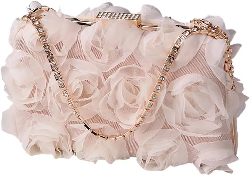 Chiffon Floral Clutch Purse Elegant Flower Evening Bag with Removal Chain Bridal Bridesmaid Shoulder Bag for Women