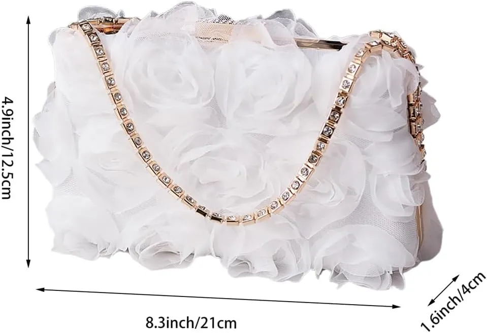Chiffon Floral Clutch Purse Elegant Flower Evening Bag with Removal Chain Bridal Bridesmaid Shoulder Bag for Women