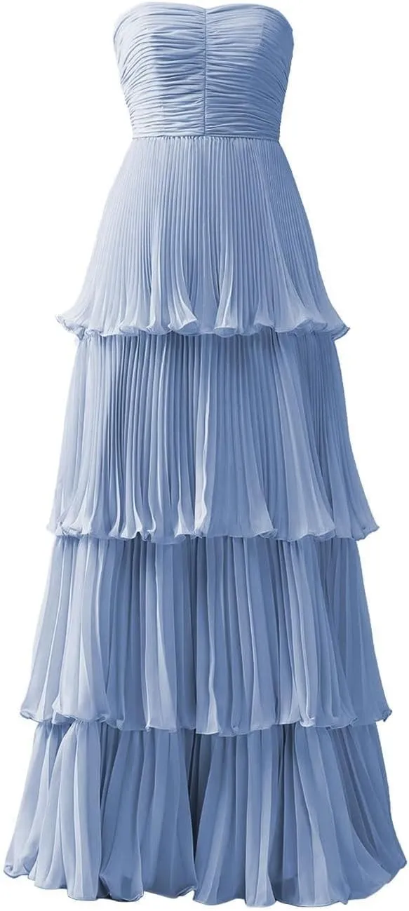 Chiffon Prom Dresses Strapless Ruffle Evening Dresses A Line Long Formal Party Gowns F149