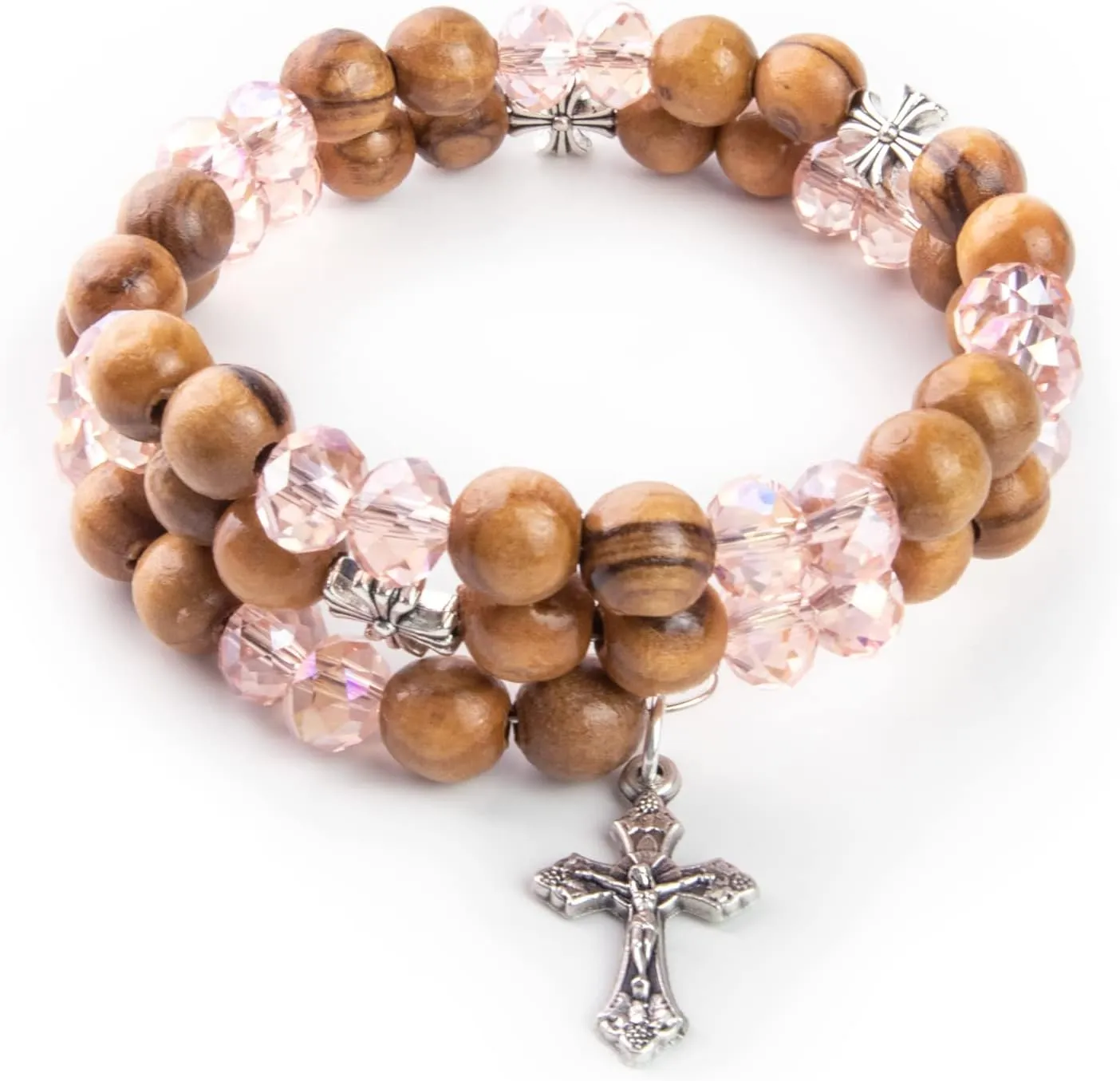 Christian Bracelets For Women From the Holy Land - Helix Stretch Wrap Beaded Bracelets With Grouped Olive Wood, White Prayer Beads & Cross Dangle - Inspirational Cross Bracelet For Women & Girls
