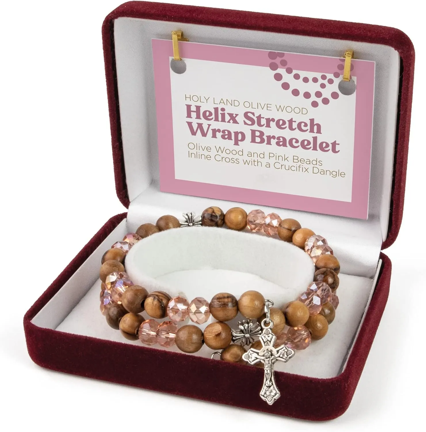 Christian Bracelets For Women From the Holy Land - Helix Stretch Wrap Beaded Bracelets With Grouped Olive Wood, White Prayer Beads & Cross Dangle - Inspirational Cross Bracelet For Women & Girls