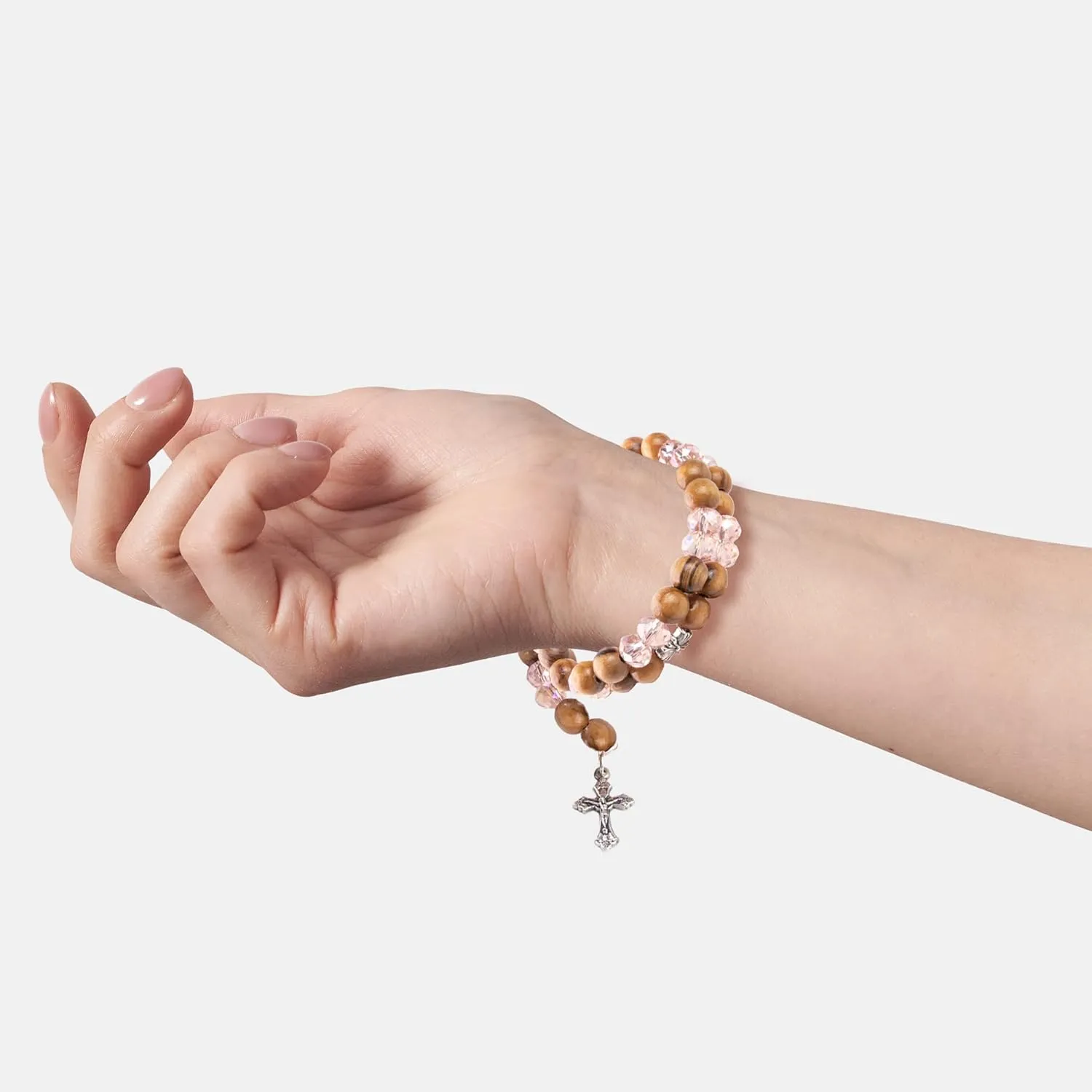 Christian Bracelets For Women From the Holy Land - Helix Stretch Wrap Beaded Bracelets With Grouped Olive Wood, White Prayer Beads & Cross Dangle - Inspirational Cross Bracelet For Women & Girls