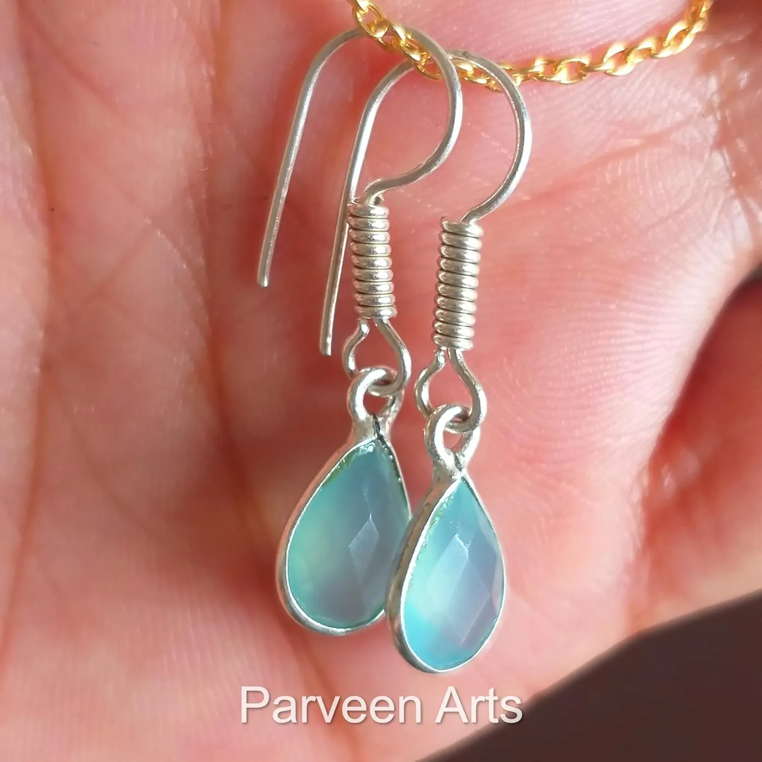 Christmas Day Gifts, Aqua Chalcedony Dangle Drop Earrings, 925 Sterling Silver Plated, Gift For Her, Handmade Gemstone Jewelry, Bohemian Style, Lightweight, Gift for Women (Aqua Chalcedony)