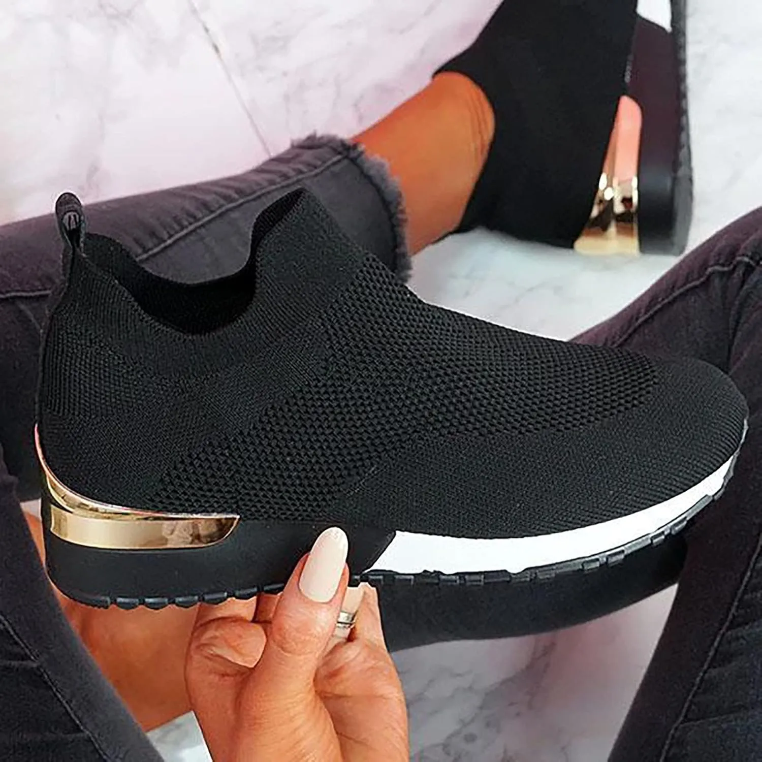 Color Block Walking Shoes Women Thick Sole Breathable Woven Mesh Slip-on Easy Sneakers Comfortable Lazy Casual Shoes Lightweight Yoga Tennis Athletic Shoes