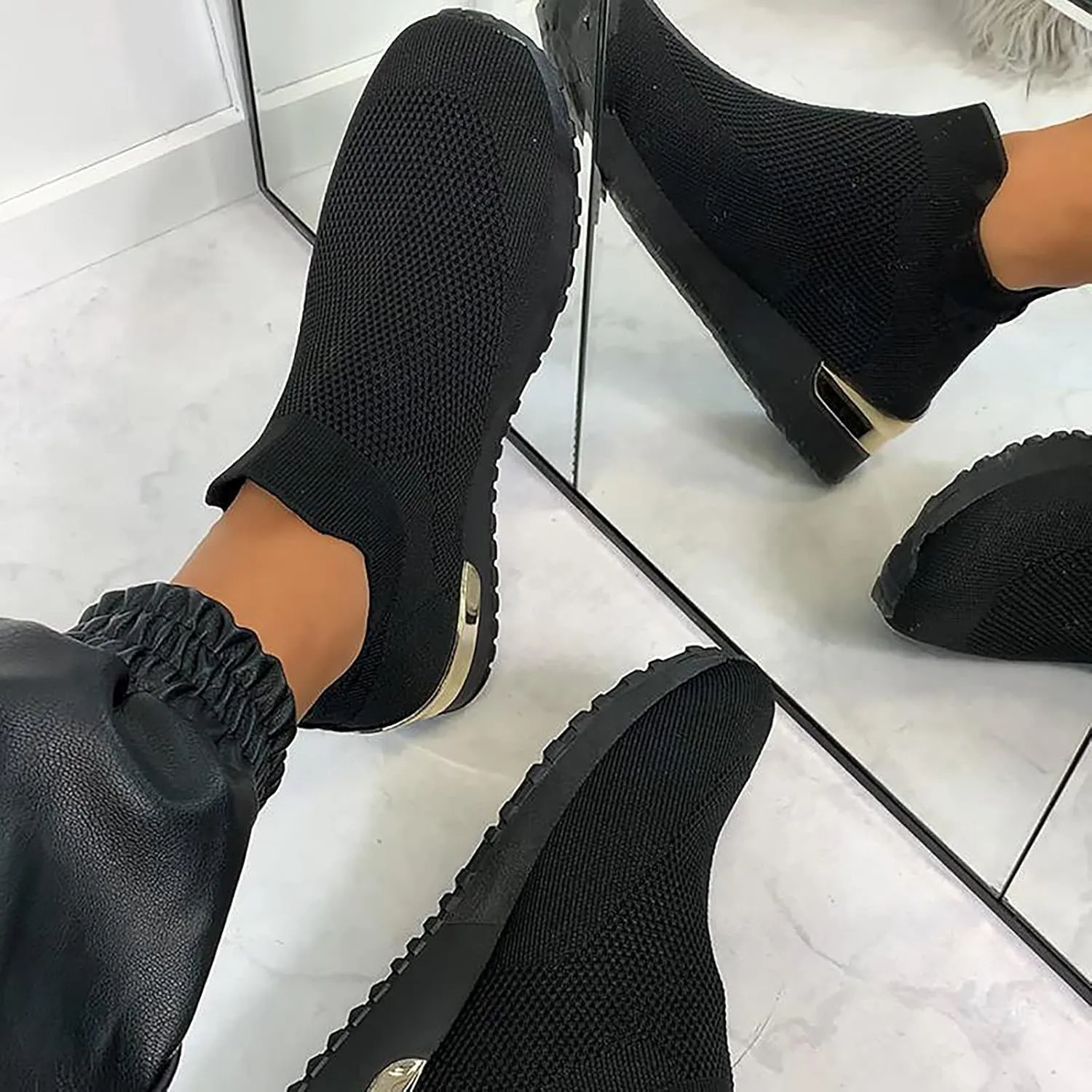 Color Block Walking Shoes Women Thick Sole Breathable Woven Mesh Slip-on Easy Sneakers Comfortable Lazy Casual Shoes Lightweight Yoga Tennis Athletic Shoes