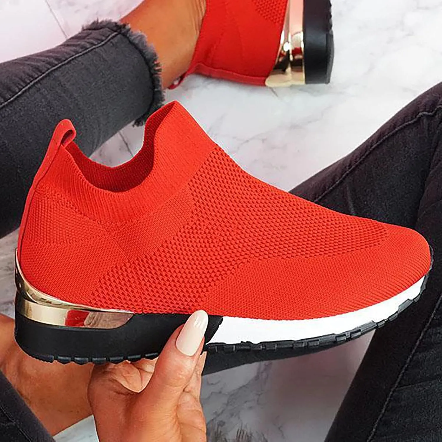 Color Block Walking Shoes Women Thick Sole Breathable Woven Mesh Slip-on Easy Sneakers Comfortable Lazy Casual Shoes Lightweight Yoga Tennis Athletic Shoes
