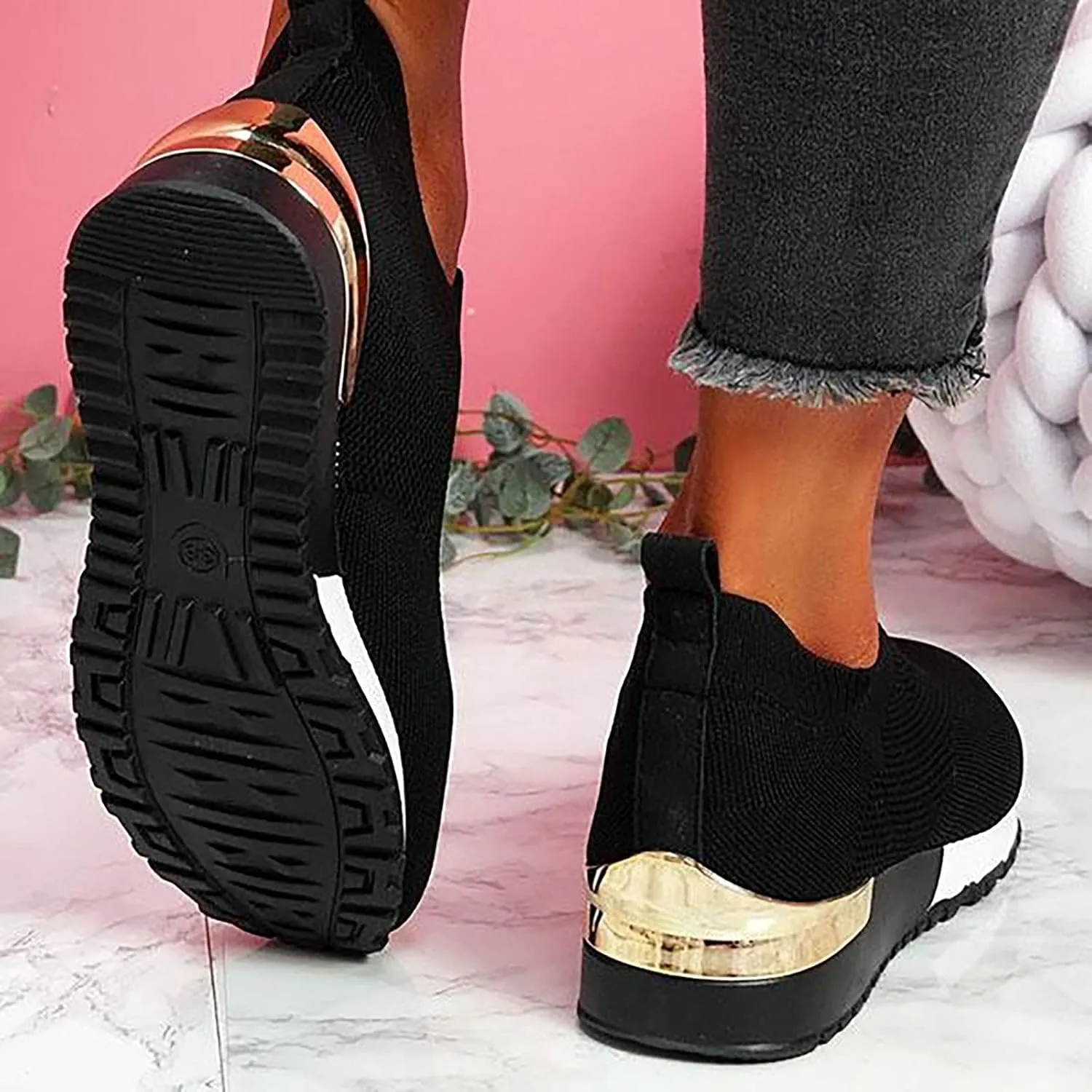Color Block Walking Shoes Women Thick Sole Breathable Woven Mesh Slip-on Easy Sneakers Comfortable Lazy Casual Shoes Lightweight Yoga Tennis Athletic Shoes