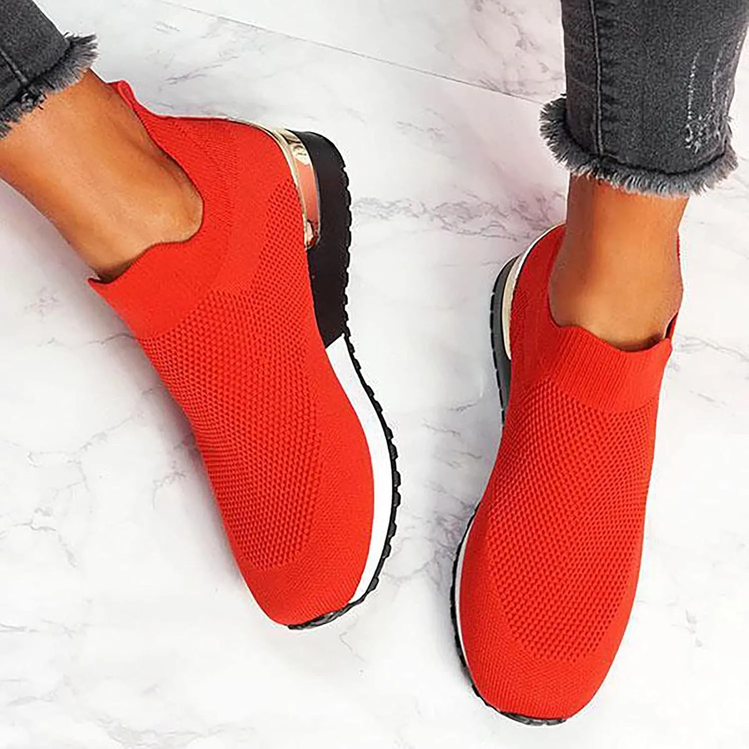 Color Block Walking Shoes Women Thick Sole Breathable Woven Mesh Slip-on Easy Sneakers Comfortable Lazy Casual Shoes Lightweight Yoga Tennis Athletic Shoes