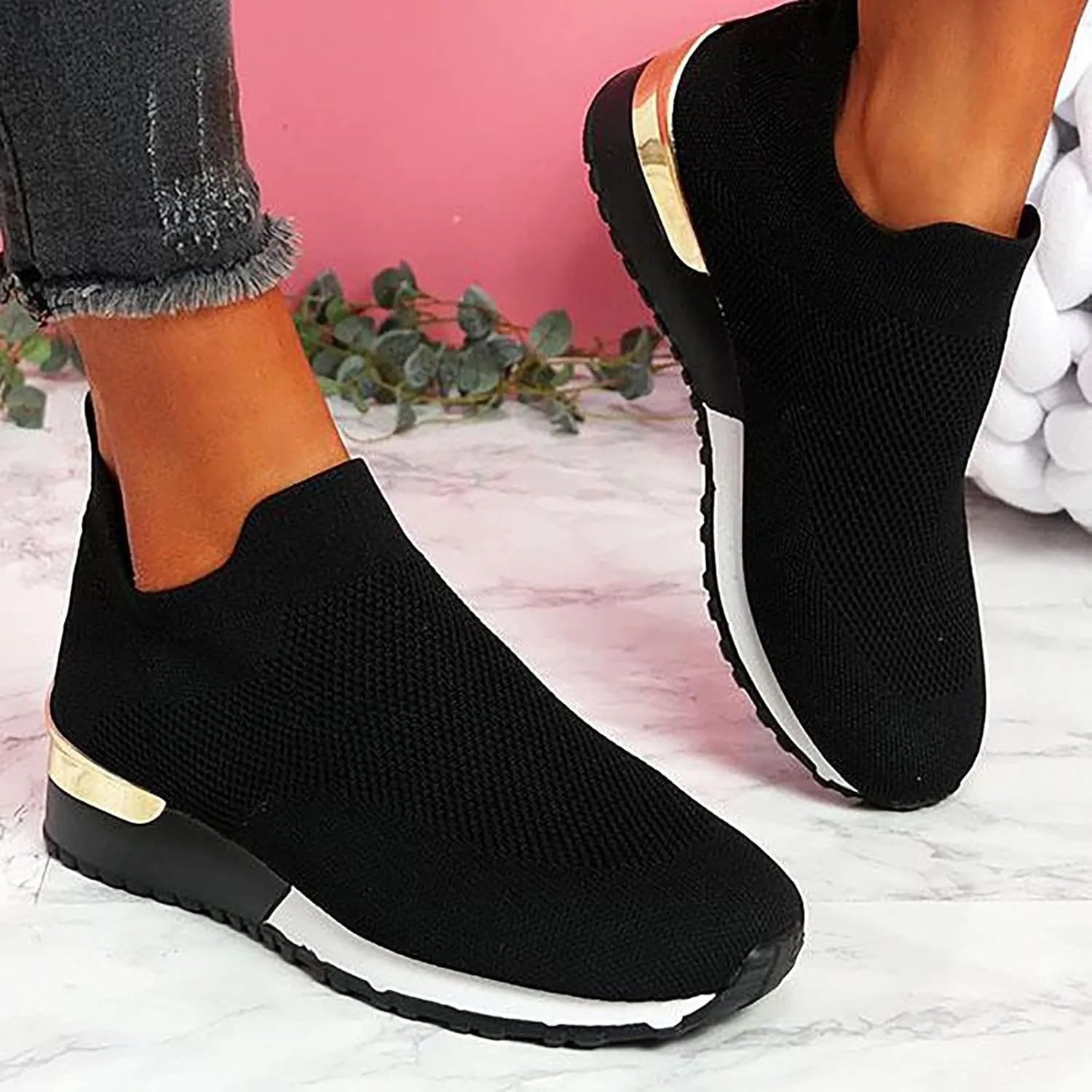 Color Block Walking Shoes Women Thick Sole Breathable Woven Mesh Slip-on Easy Sneakers Comfortable Lazy Casual Shoes Lightweight Yoga Tennis Athletic Shoes