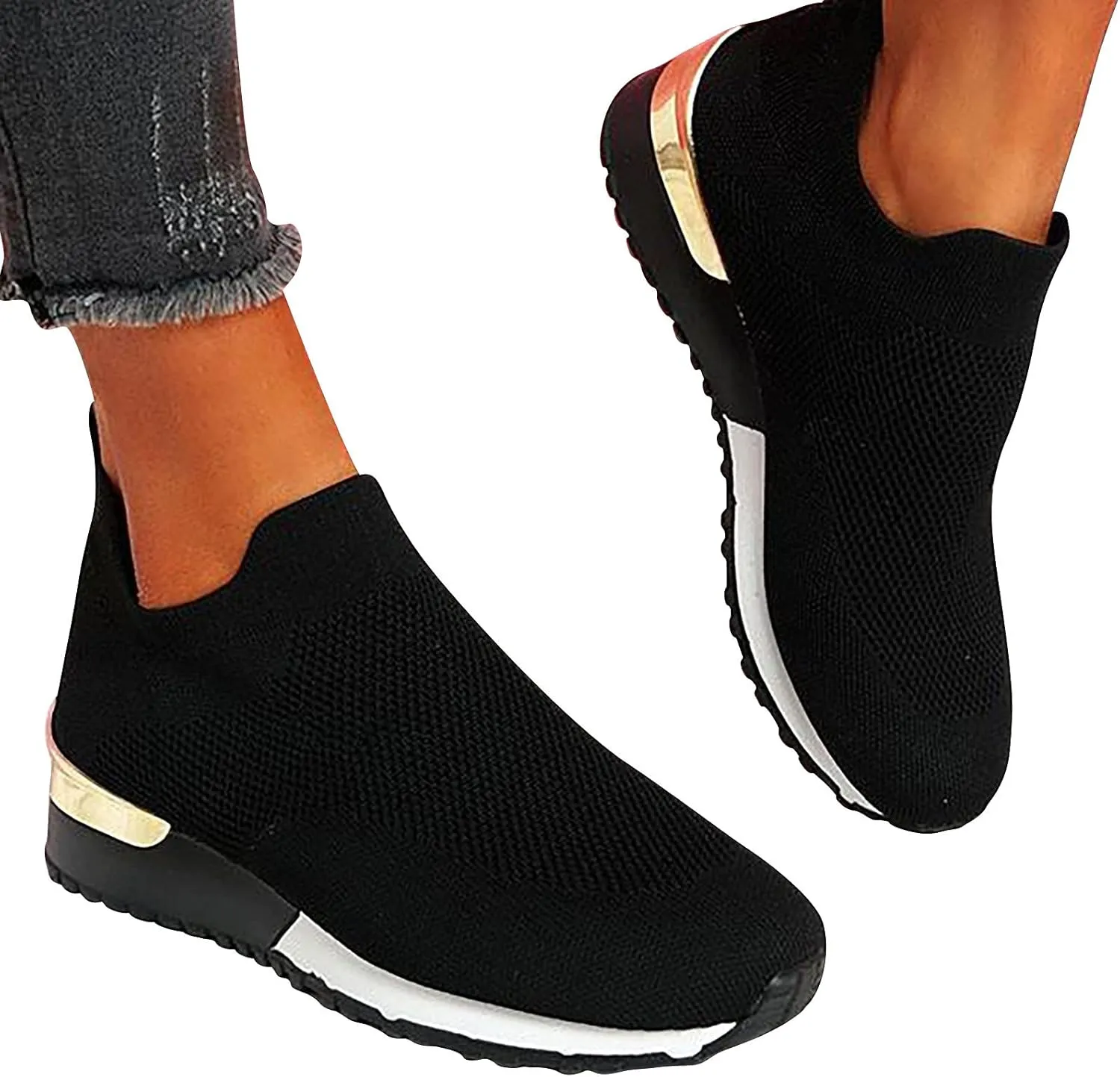 Color Block Walking Shoes Women Thick Sole Breathable Woven Mesh Slip-on Easy Sneakers Comfortable Lazy Casual Shoes Lightweight Yoga Tennis Athletic Shoes