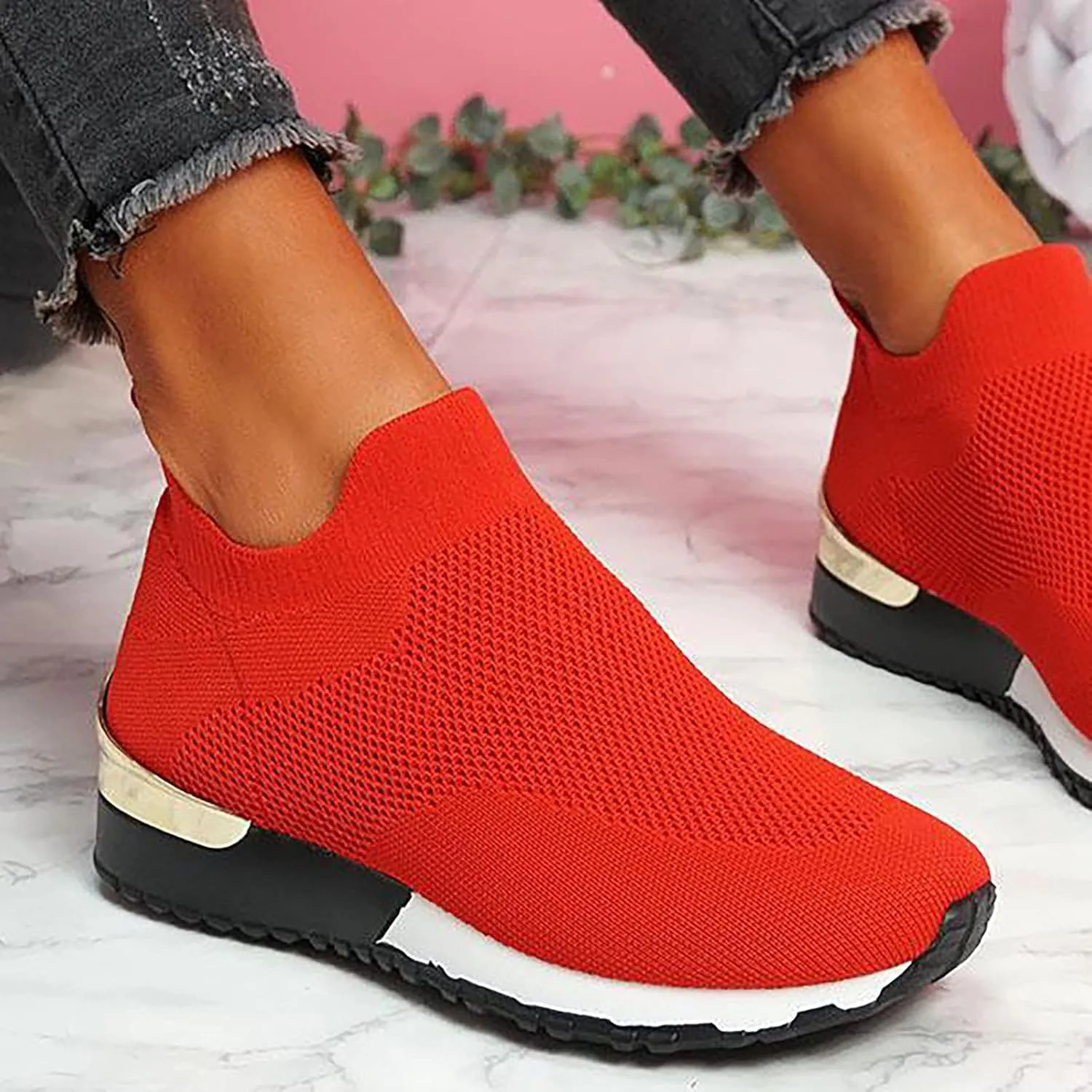 Color Block Walking Shoes Women Thick Sole Breathable Woven Mesh Slip-on Easy Sneakers Comfortable Lazy Casual Shoes Lightweight Yoga Tennis Athletic Shoes