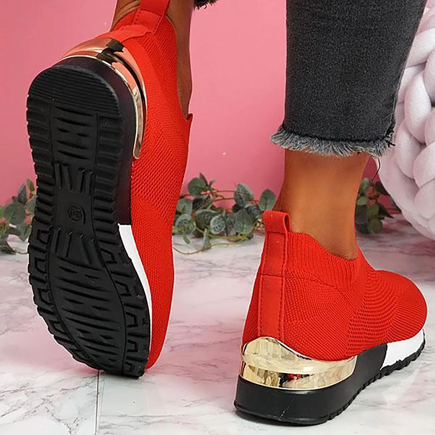 Color Block Walking Shoes Women Thick Sole Breathable Woven Mesh Slip-on Easy Sneakers Comfortable Lazy Casual Shoes Lightweight Yoga Tennis Athletic Shoes