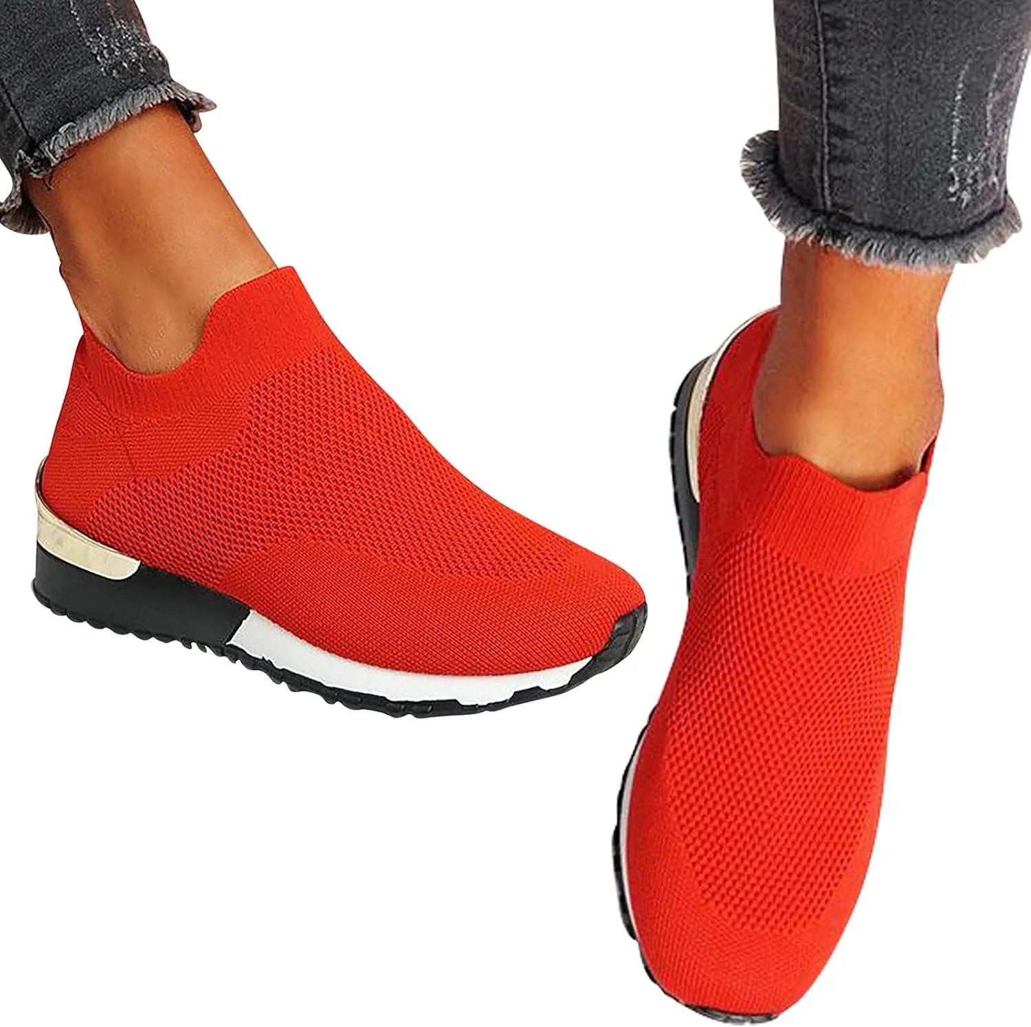 Color Block Walking Shoes Women Thick Sole Breathable Woven Mesh Slip-on Easy Sneakers Comfortable Lazy Casual Shoes Lightweight Yoga Tennis Athletic Shoes