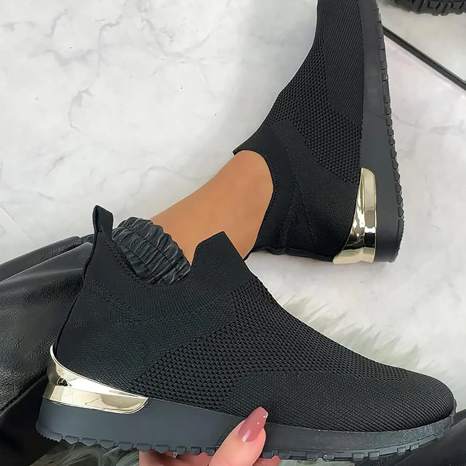 Color Block Walking Shoes Women Thick Sole Breathable Woven Mesh Slip-on Easy Sneakers Comfortable Lazy Casual Shoes Lightweight Yoga Tennis Athletic Shoes