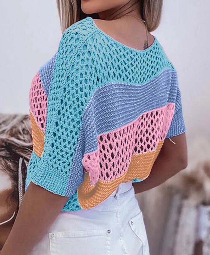 Colorblock Crochet Knit Top: Medium 6-8 / PINK