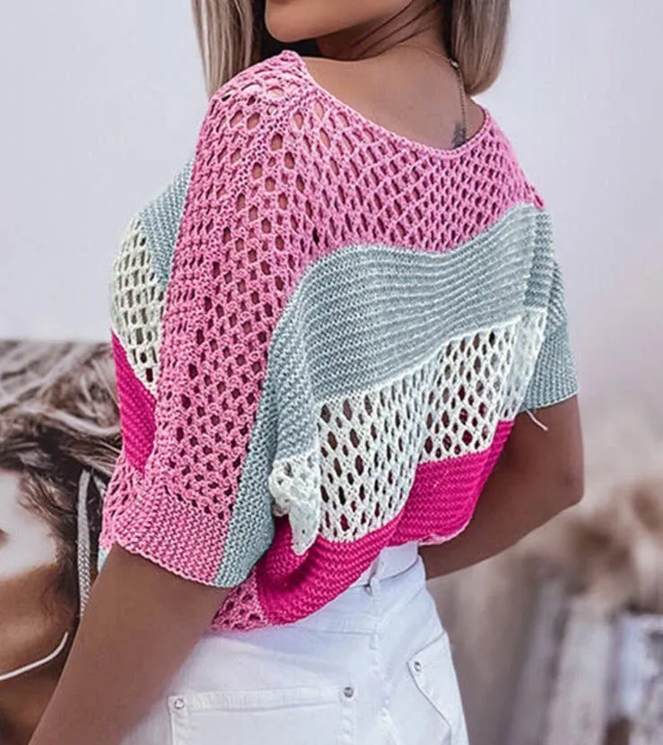 Colorblock Crochet Knit Top: Medium 6-8 / PINK