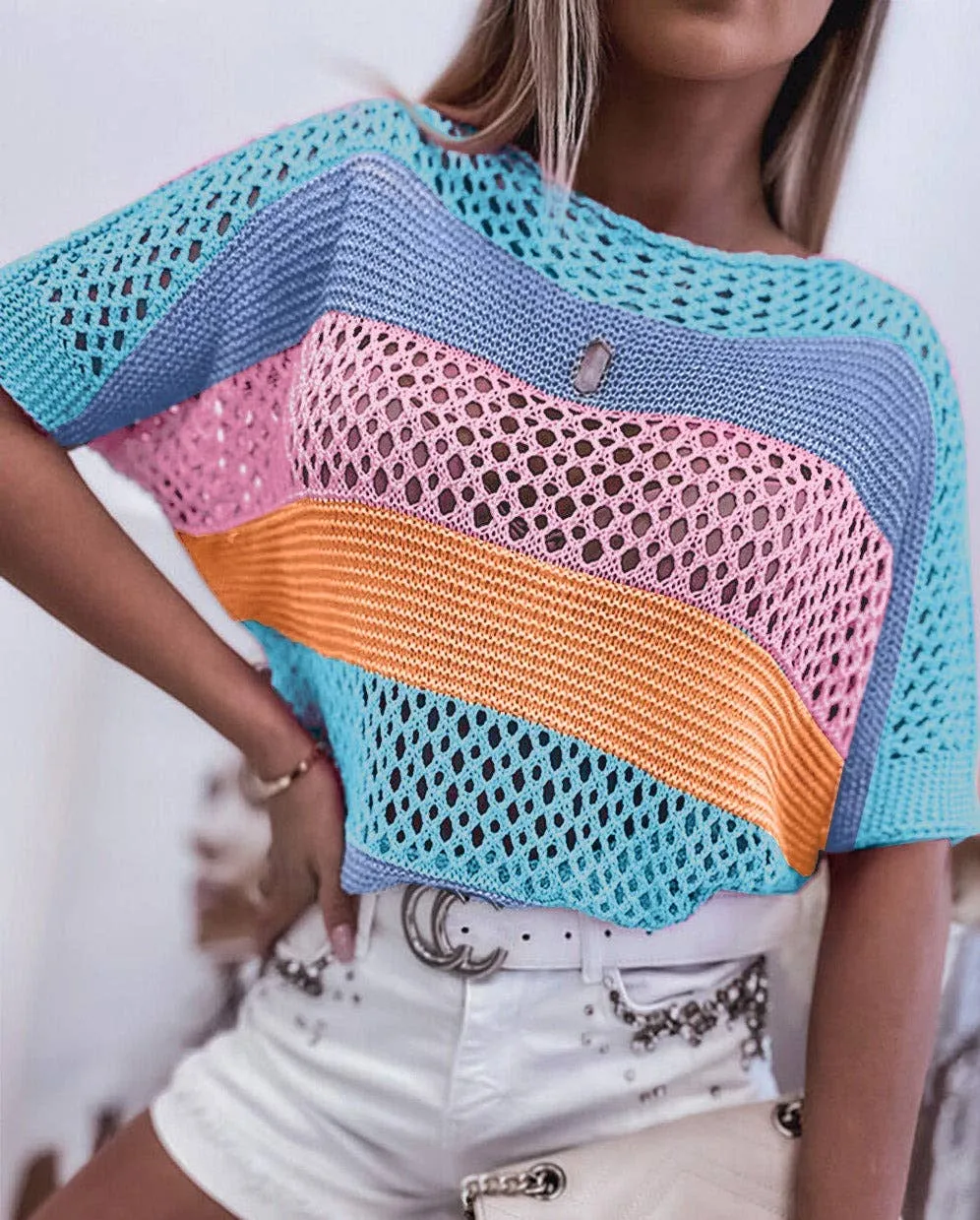 Colorblock Crochet Knit Top: Medium 6-8 / PINK