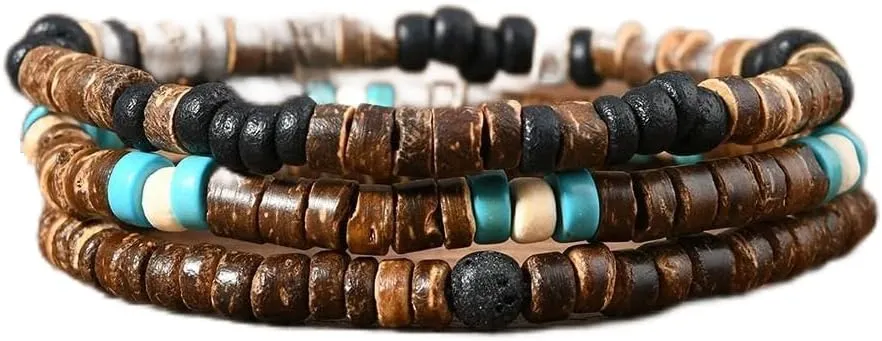 COLORFUL BLING Retro Surfer Stackable Bracelet Wood Beads Heishi Brown Coconut Puka Shell Beaded Bracelets