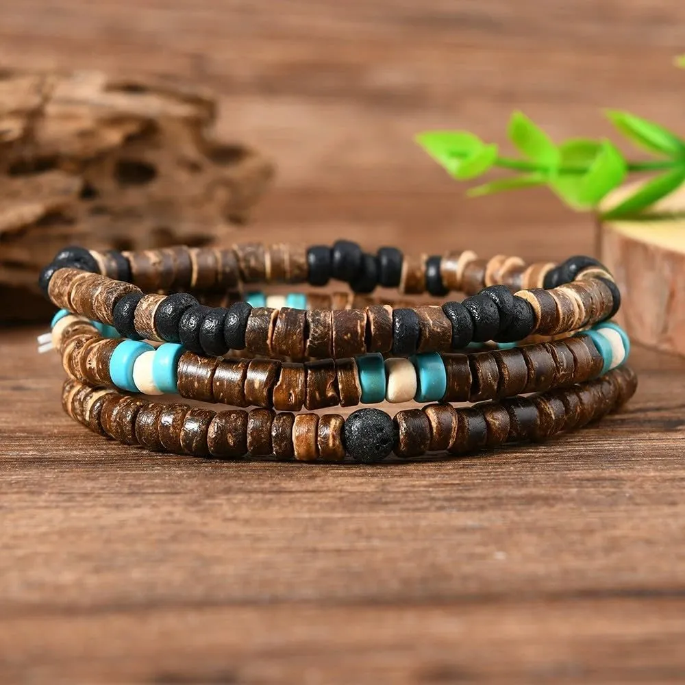 COLORFUL BLING Retro Surfer Stackable Bracelet Wood Beads Heishi Brown Coconut Puka Shell Beaded Bracelets