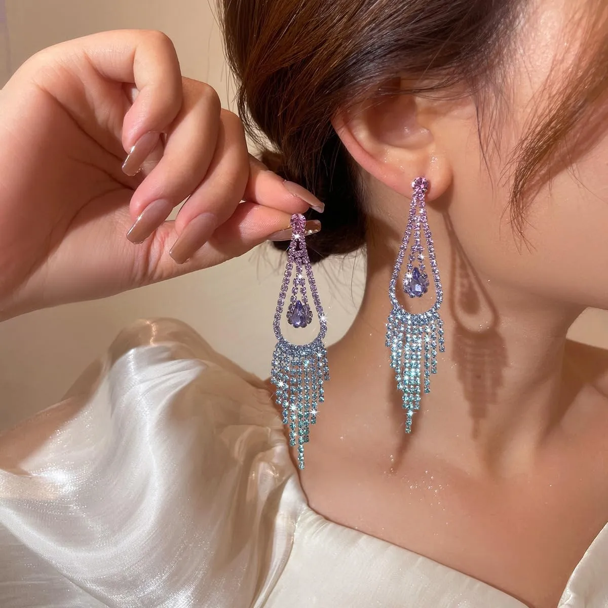 Colorful Rhinestone Long Tassel Drop Earrings Crystal Chandelier Wedding Party Prom Earrings Jewelry Gifts for Women Wedding Party Jewelry