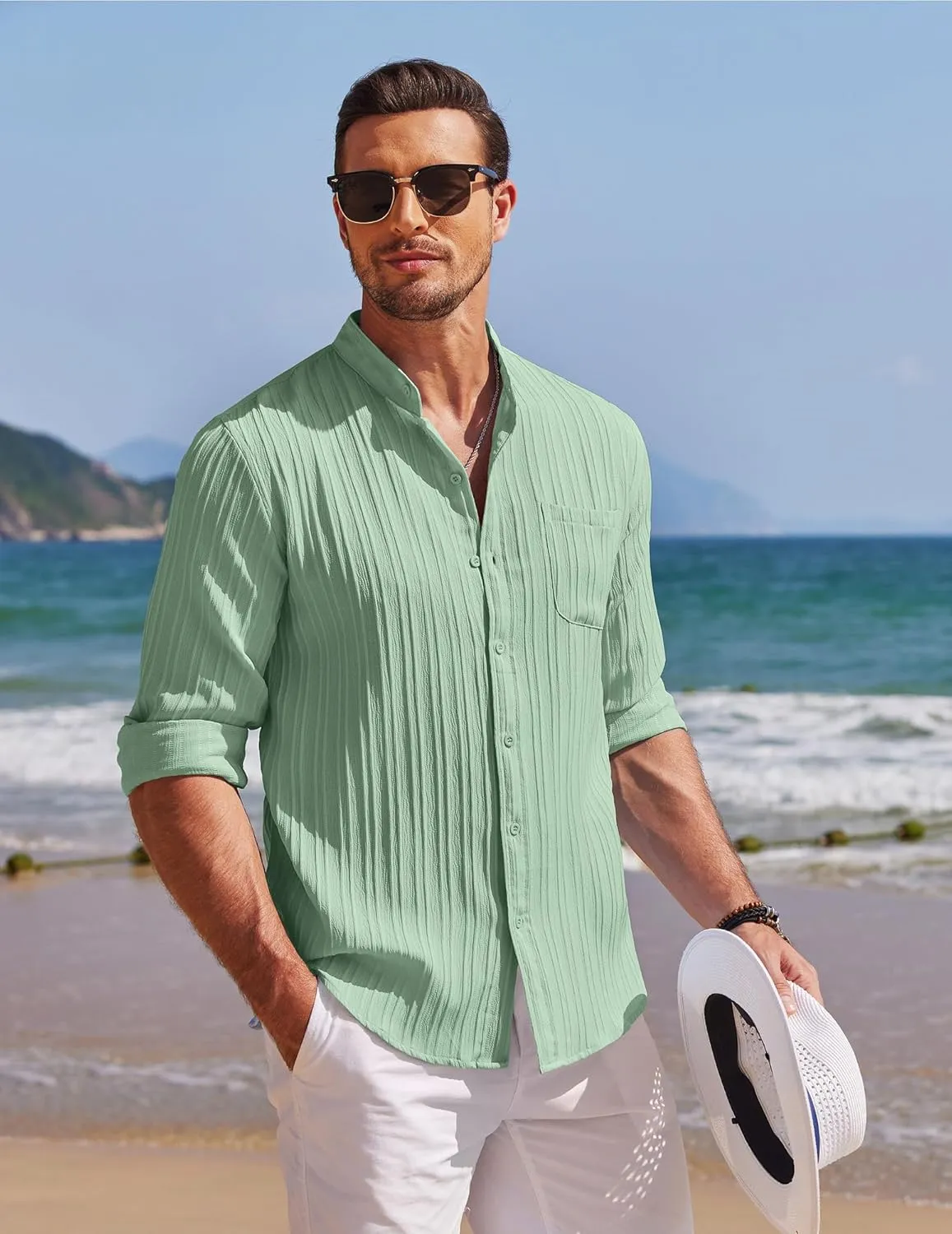 COOFANDY Men's Beach Shirt Casual Long Sleeve Button Down Textured Shirts