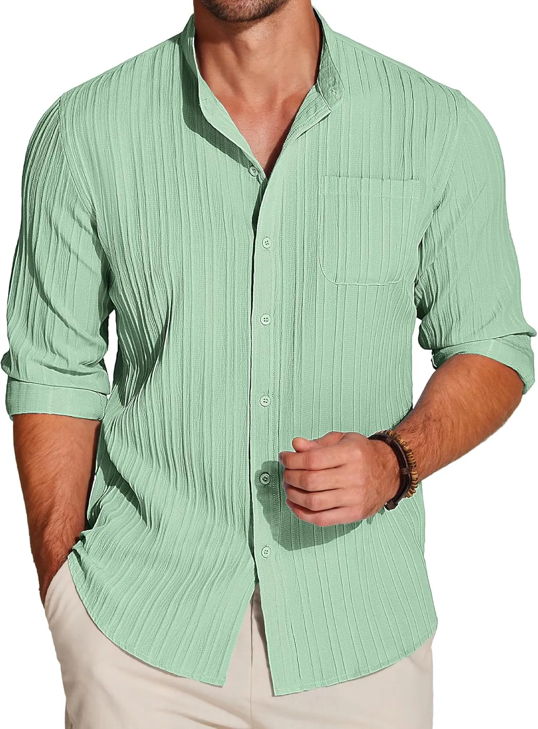 COOFANDY Men's Beach Shirt Casual Long Sleeve Button Down Textured Shirts