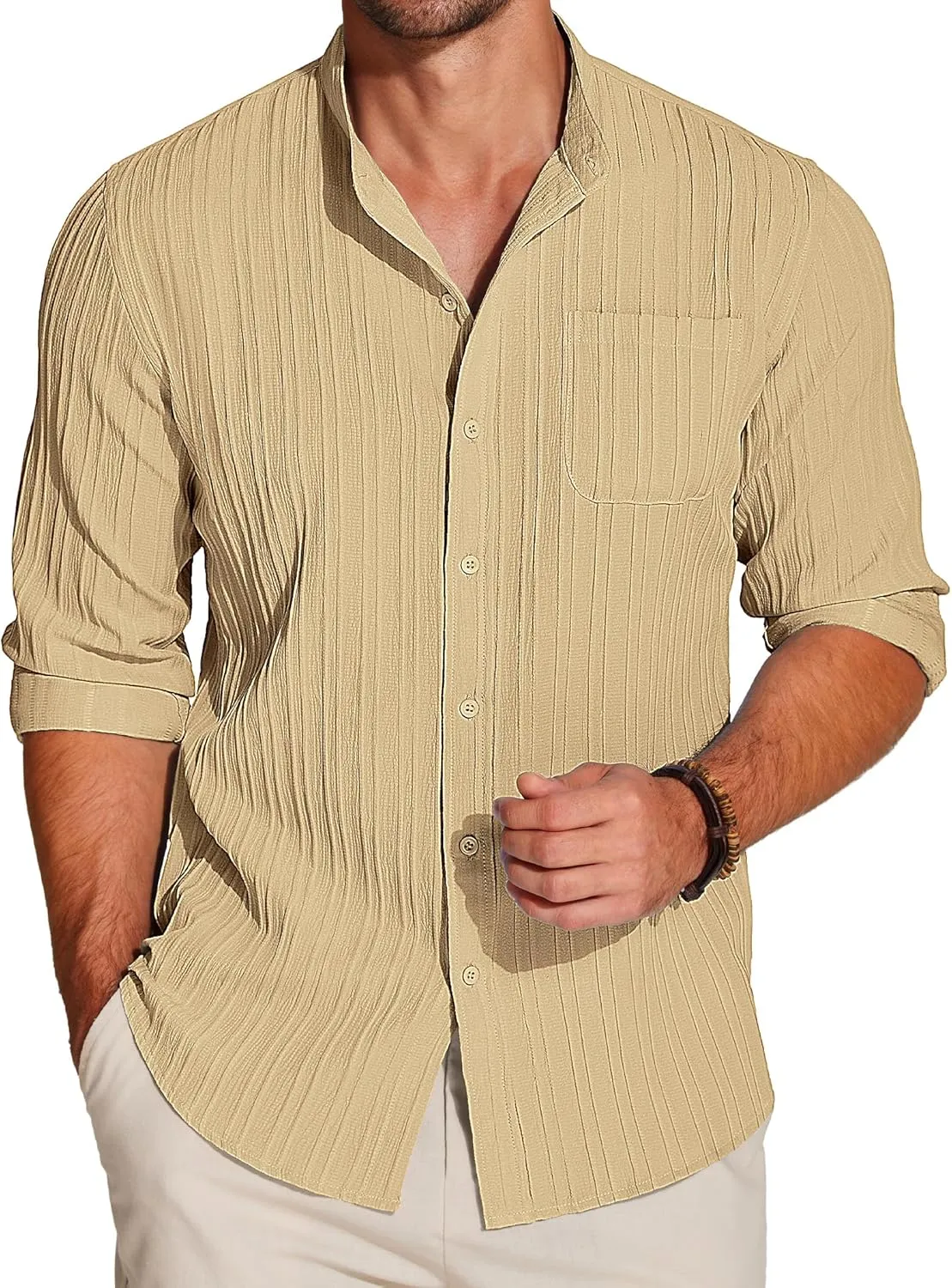 COOFANDY Men's Beach Shirt Casual Long Sleeve Button Down Textured Shirts