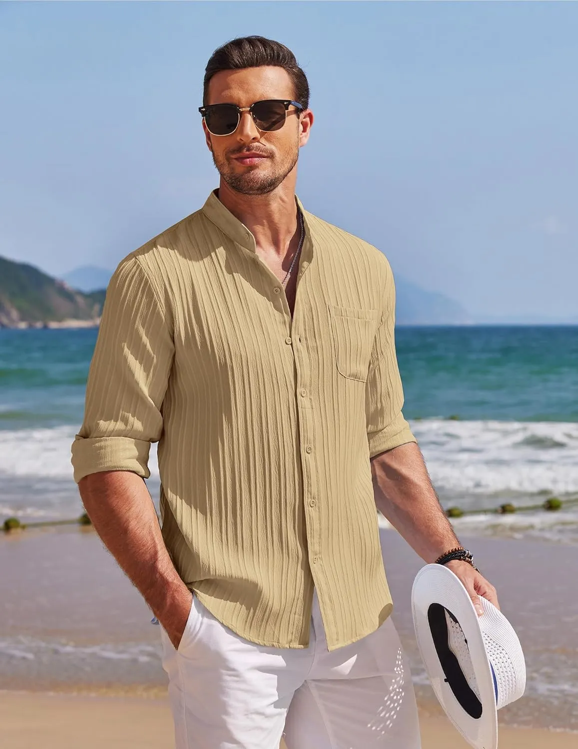 COOFANDY Men's Beach Shirt Casual Long Sleeve Button Down Textured Shirts