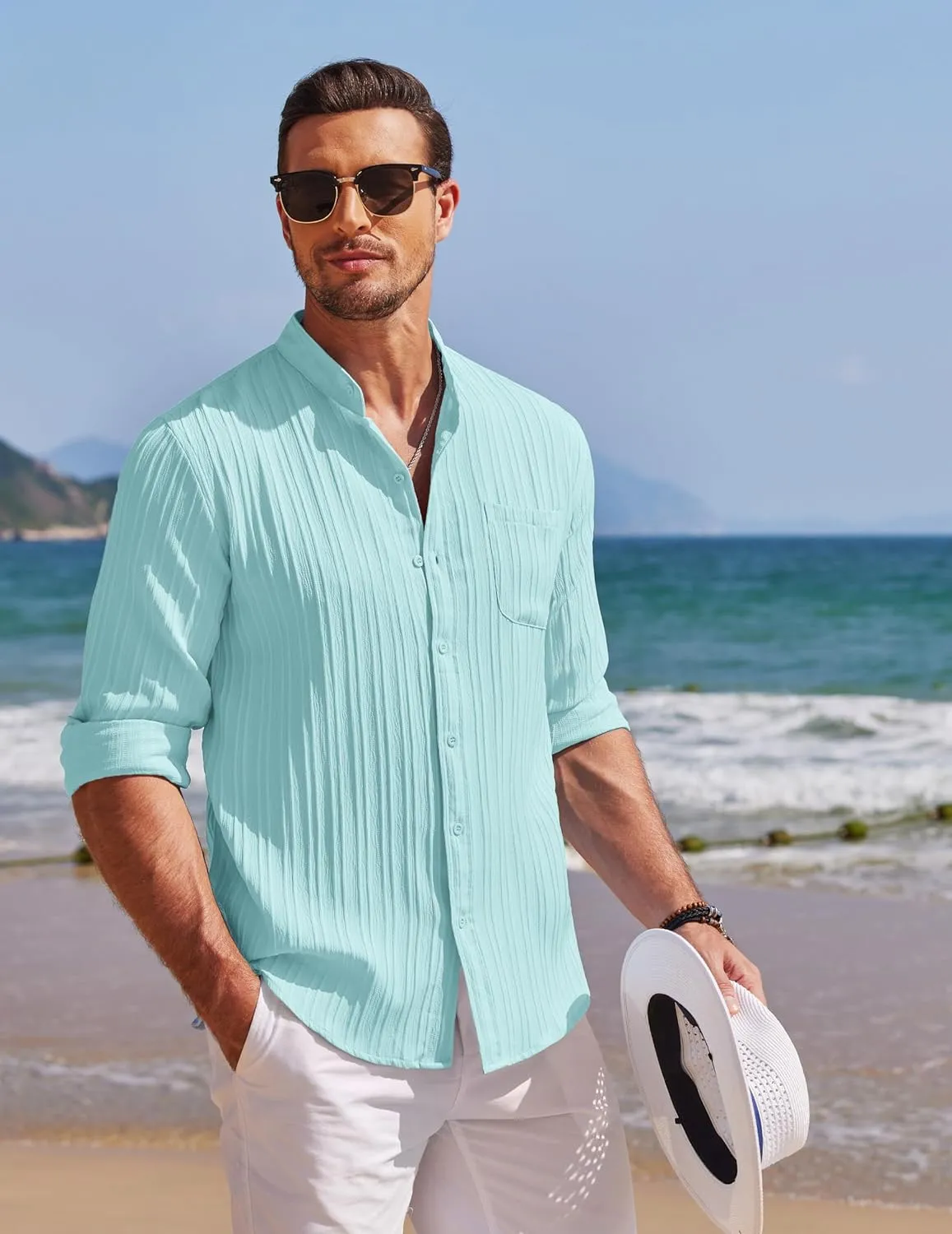 COOFANDY Men's Beach Shirt Casual Long Sleeve Button Down Textured Shirts
