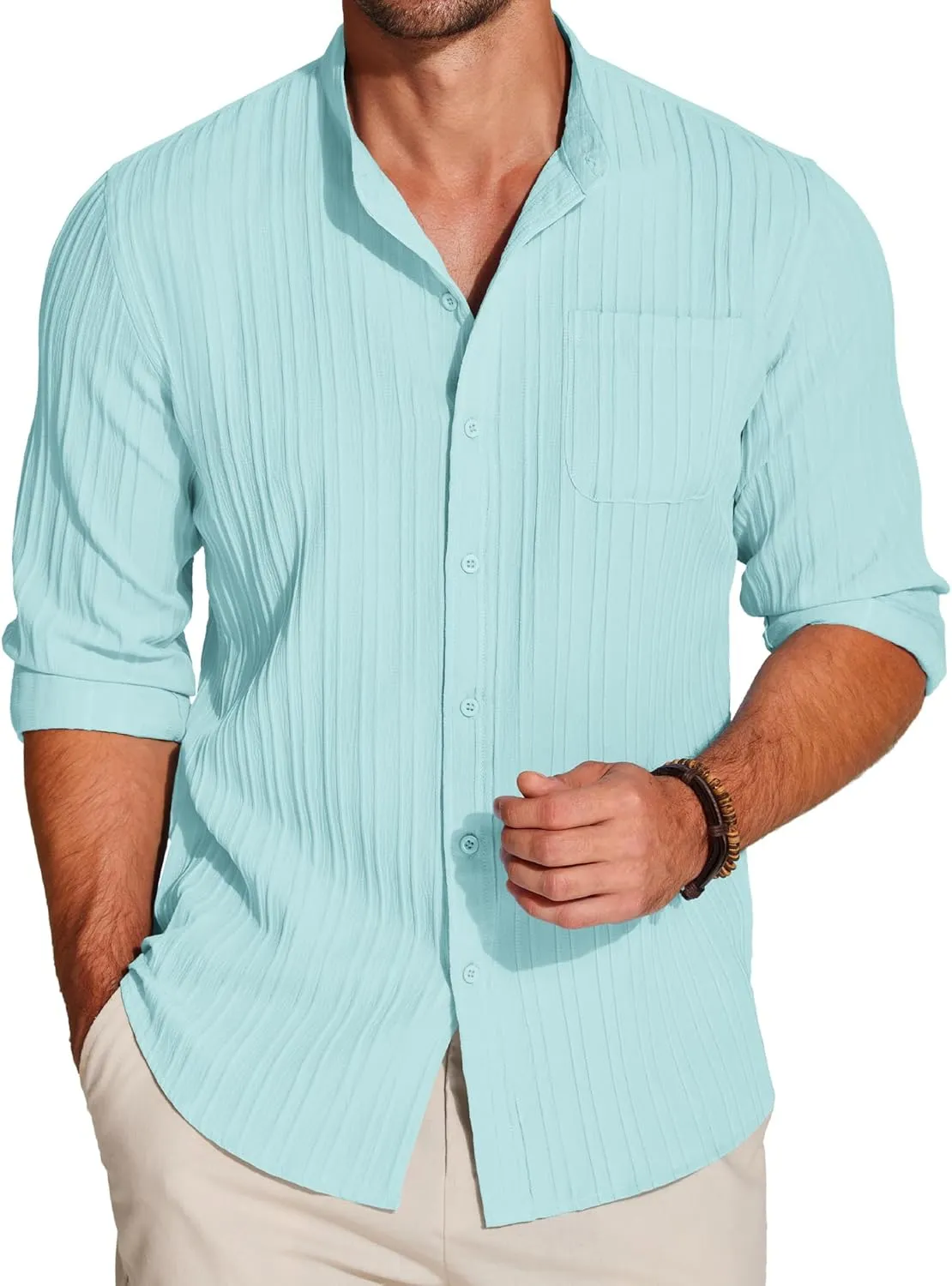 COOFANDY Men's Beach Shirt Casual Long Sleeve Button Down Textured Shirts