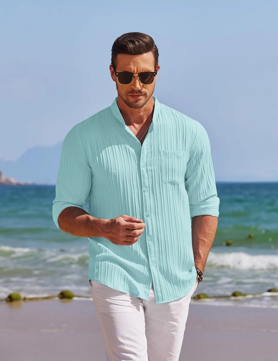COOFANDY Men's Beach Shirt Casual Long Sleeve Button Down Textured Shirts