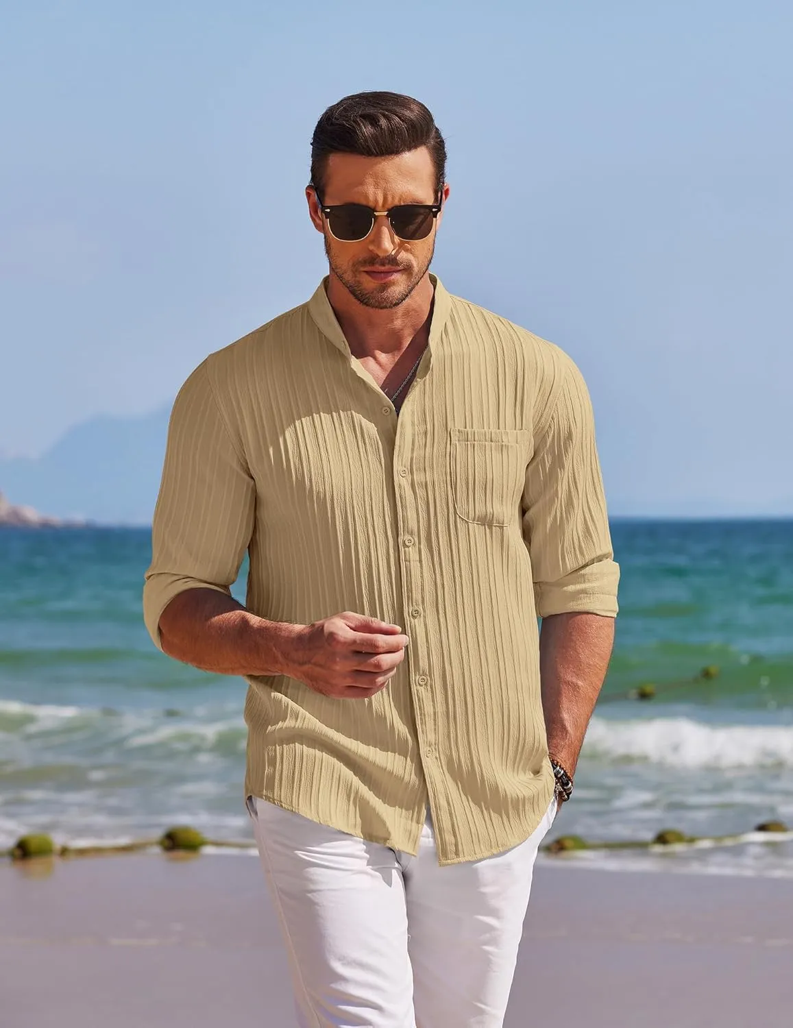 COOFANDY Men's Beach Shirt Casual Long Sleeve Button Down Textured Shirts