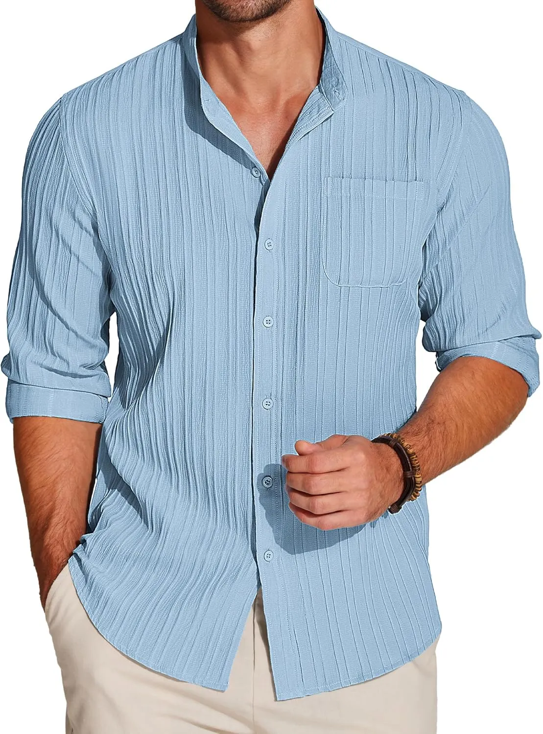 COOFANDY Men's Beach Shirt Casual Long Sleeve Button Down Textured Shirts