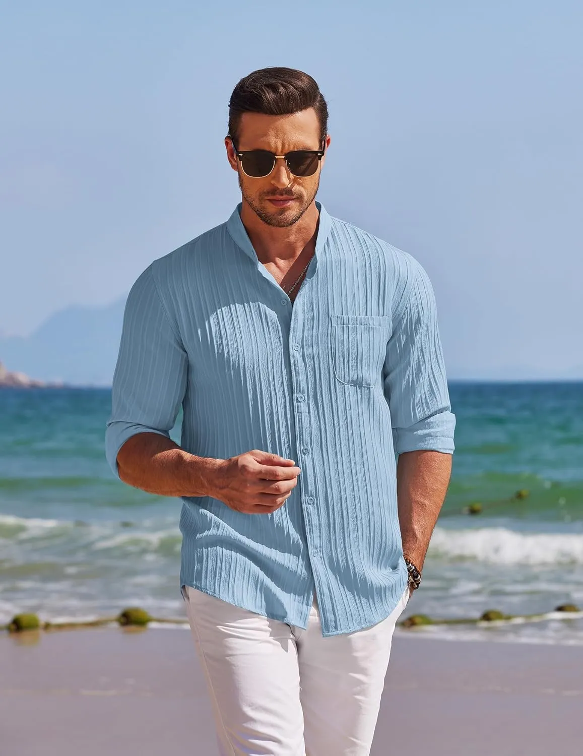 COOFANDY Men's Beach Shirt Casual Long Sleeve Button Down Textured Shirts