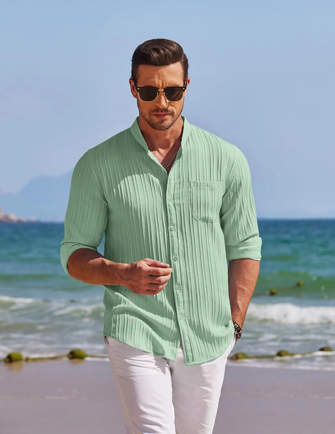 COOFANDY Men's Beach Shirt Casual Long Sleeve Button Down Textured Shirts