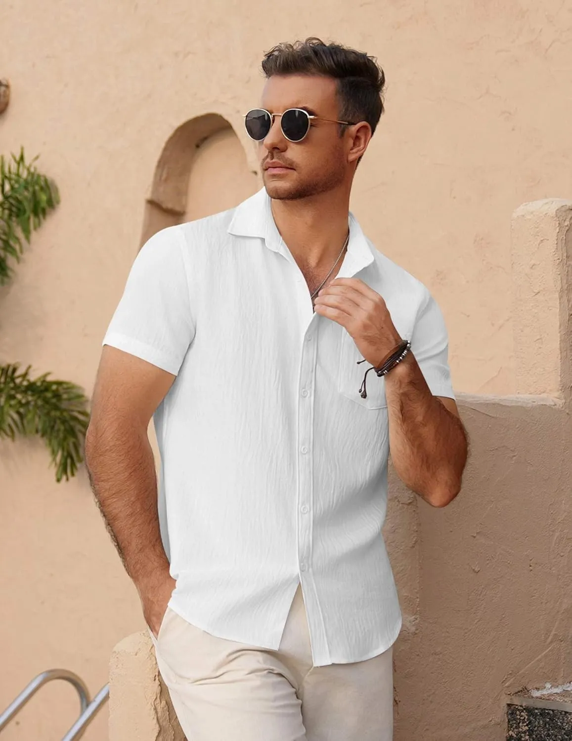 COOFANDY Men's Short Sleeve Button Down Shirt Casual Summer Beach Untucked Vacation Textured Shirts with Pocket