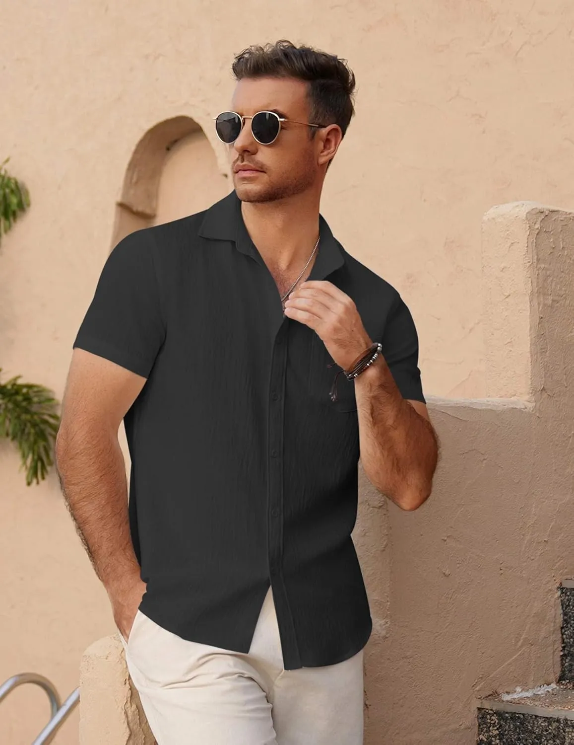 COOFANDY Men's Short Sleeve Button Down Shirt Casual Summer Beach Untucked Vacation Textured Shirts with Pocket