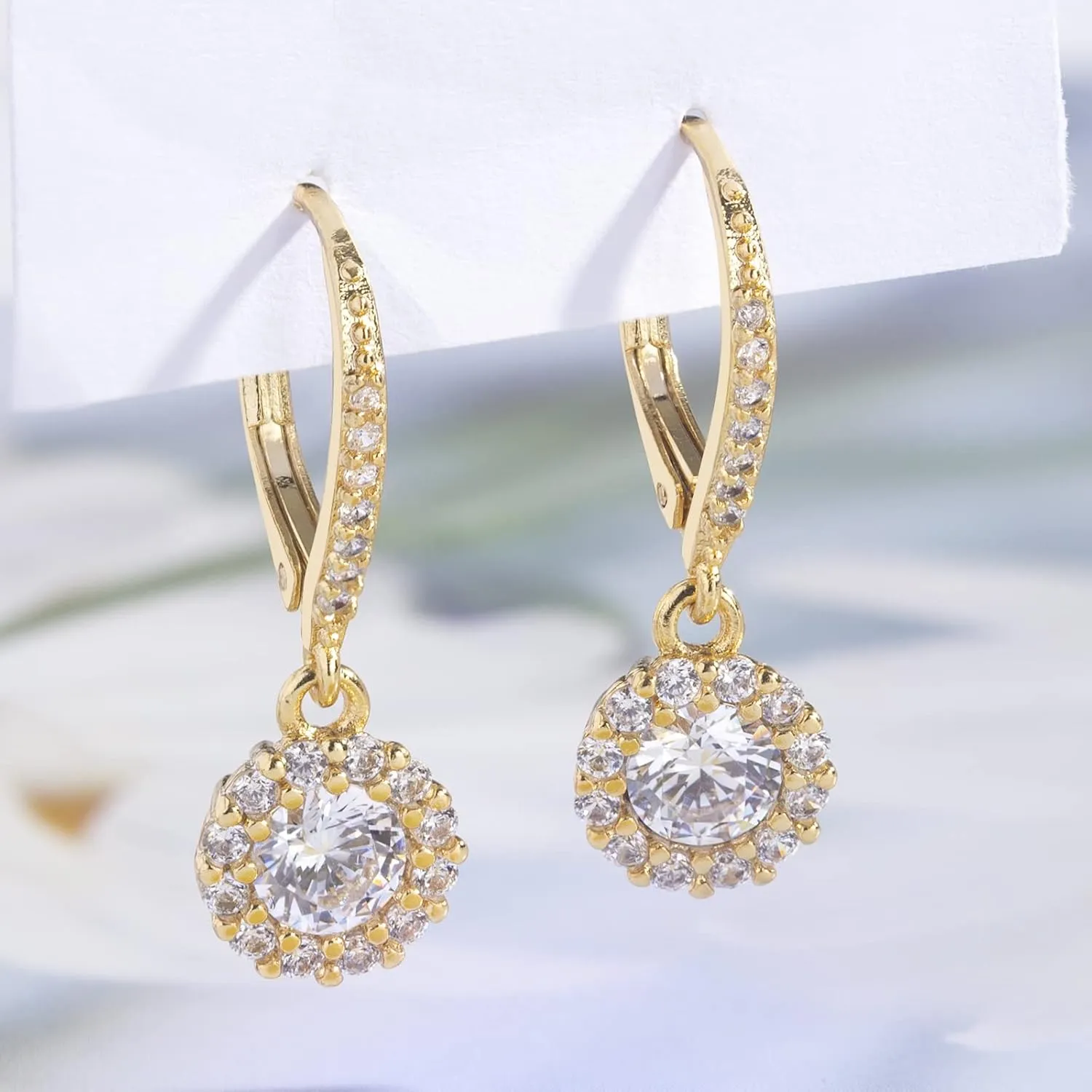 Cubic Zirconia Drop Earrings for Women Halo Round CZ Dangle Leverback Earring Wedding Gifts