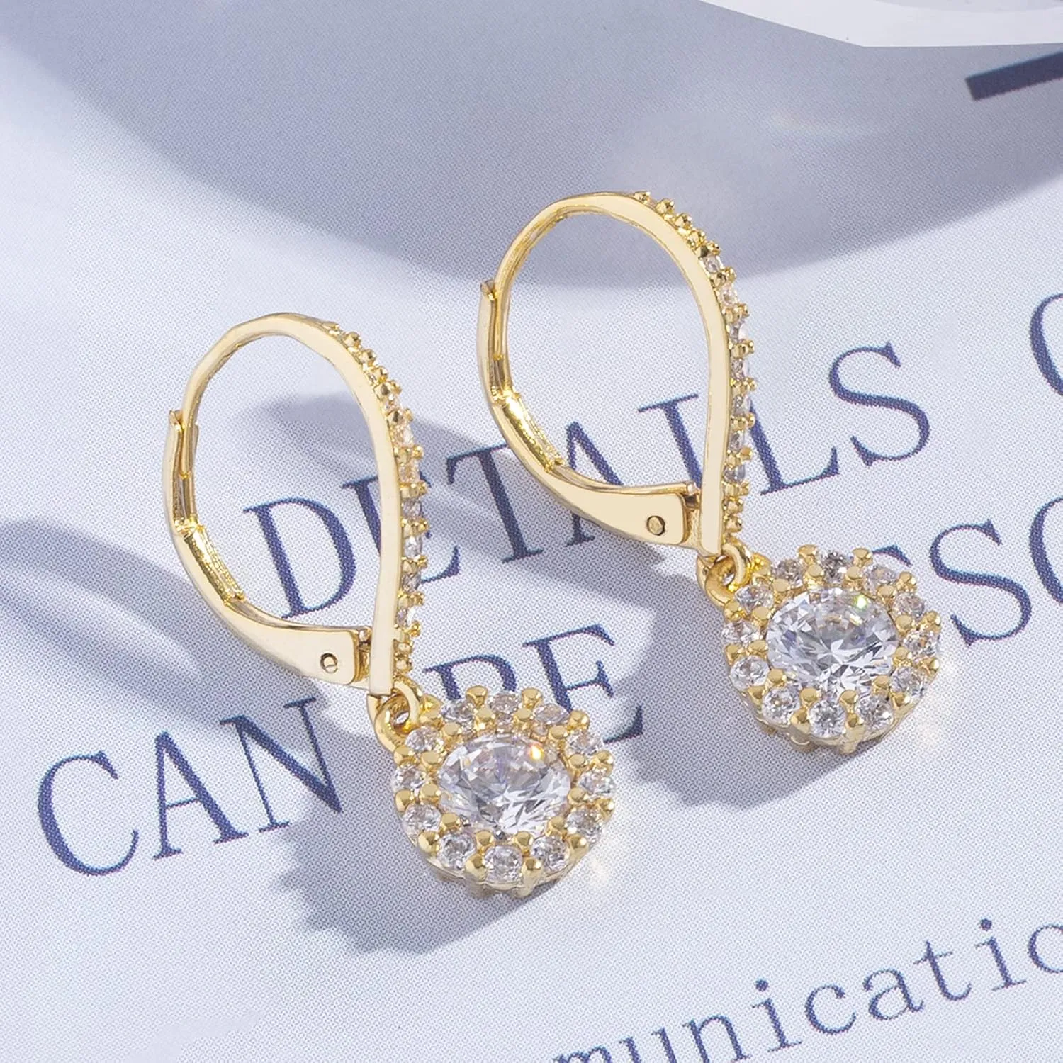 Cubic Zirconia Drop Earrings for Women Halo Round CZ Dangle Leverback Earring Wedding Gifts