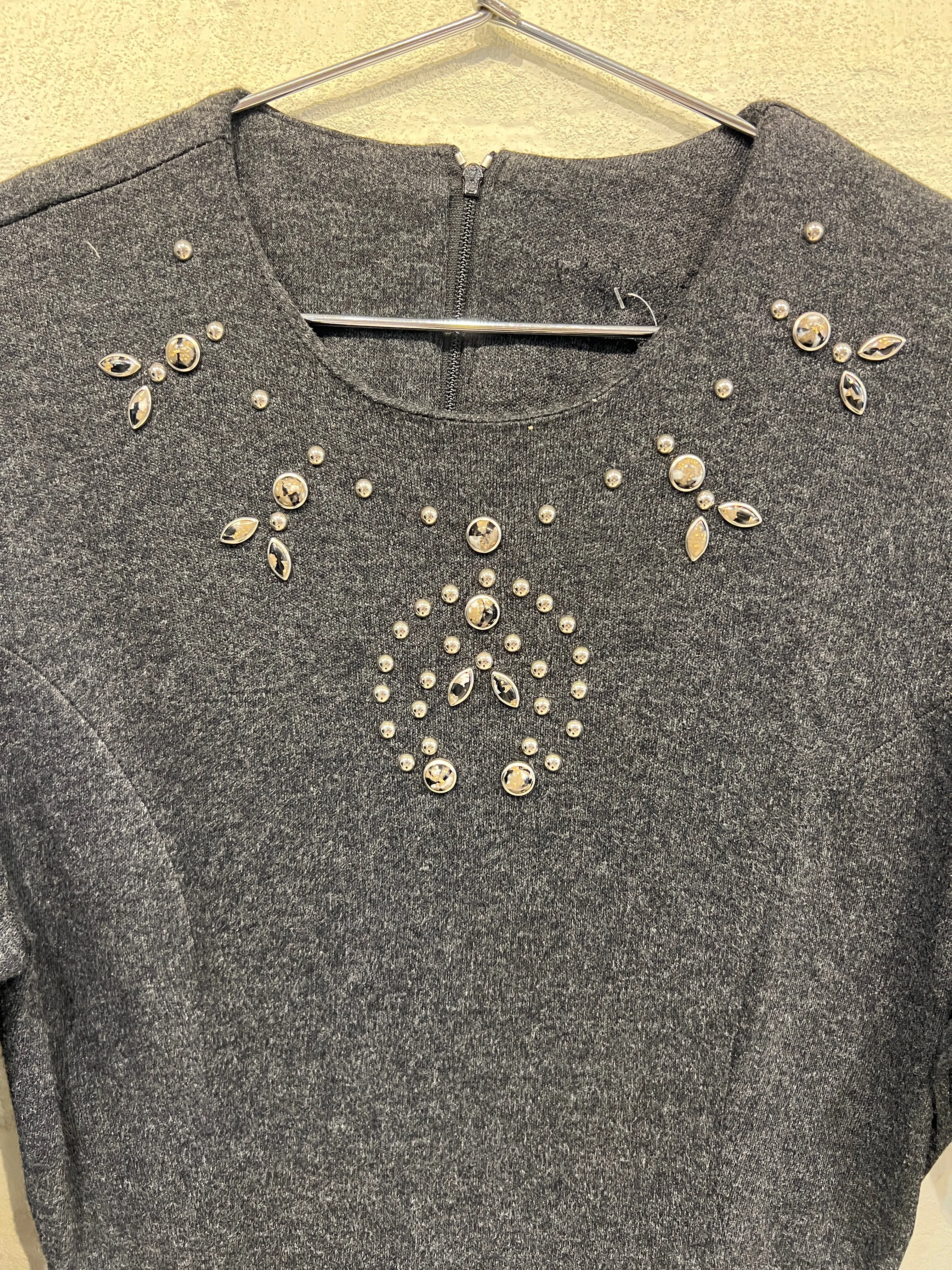 Dark Gray Dress w/ beaded pattern - Vintage/ Used