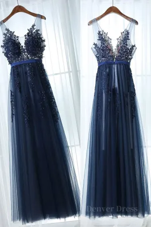 Dark Navy Blue Lace Prom Dresses Dark Navy Blue Lace Formal Bridesmaid Dresses