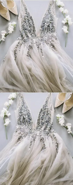 Deep V Neck Long Tulle Split Prom Evening Dresses With Sequins And Beads